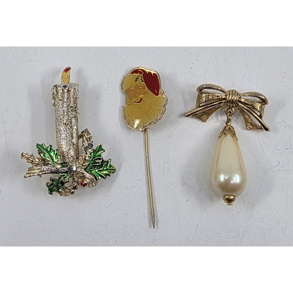 Vintage Christmas Brooch Pin‎ Lot Santa Stick Pin Faux Pearl Bow Candle Enamel
